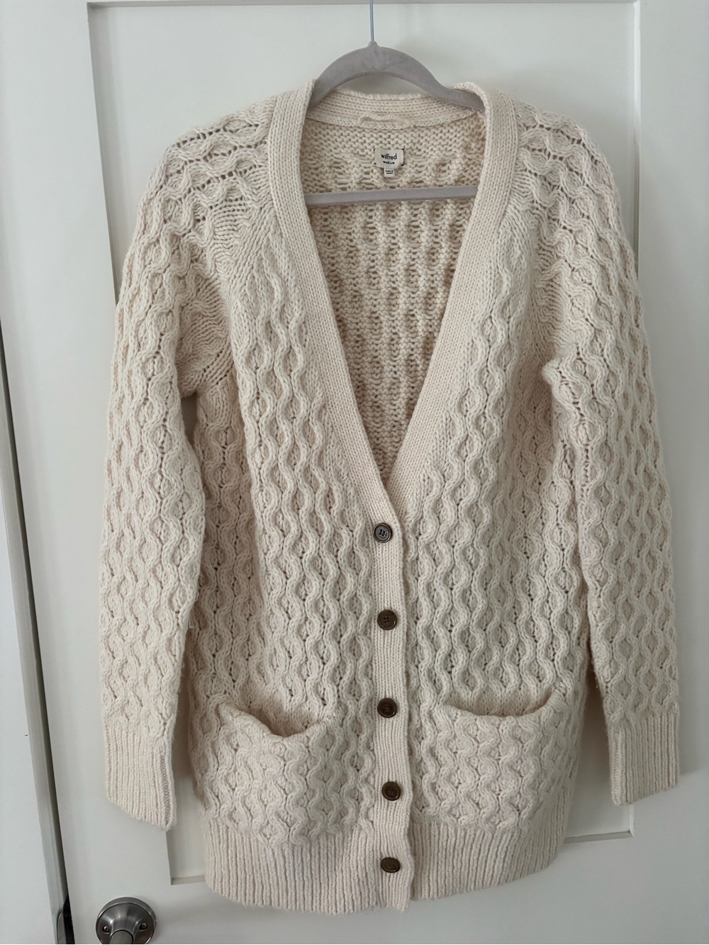 Wilfred cardigan sweater long wool blend cream size medium chunky knit cozy warm